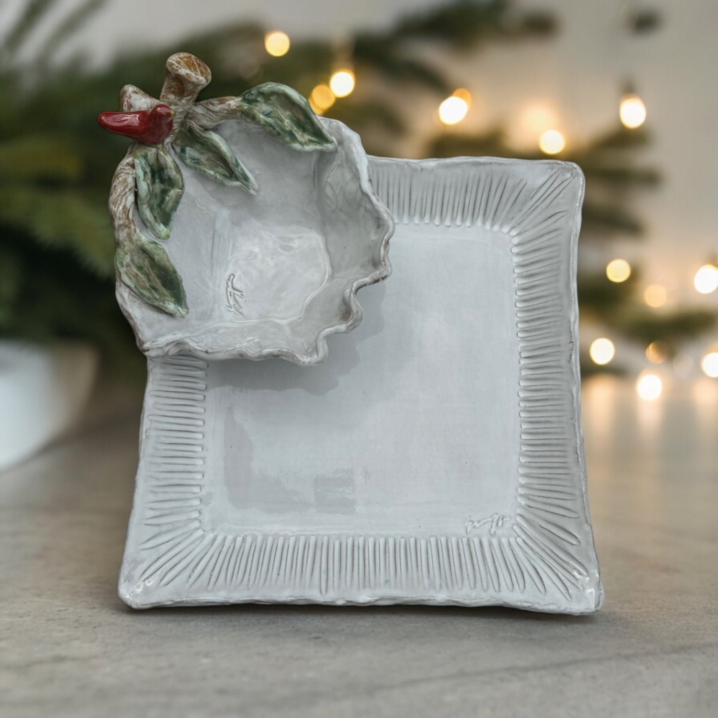 Corner Dip Bowl w/Red Bird on Branch