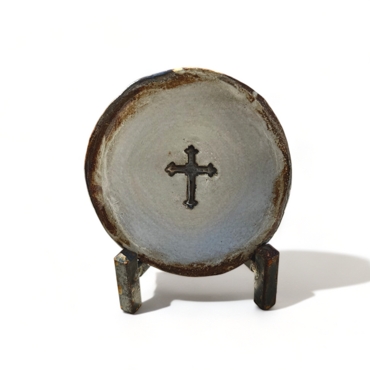 Ring Dish w/Cross 4" Antique White with Antiquing