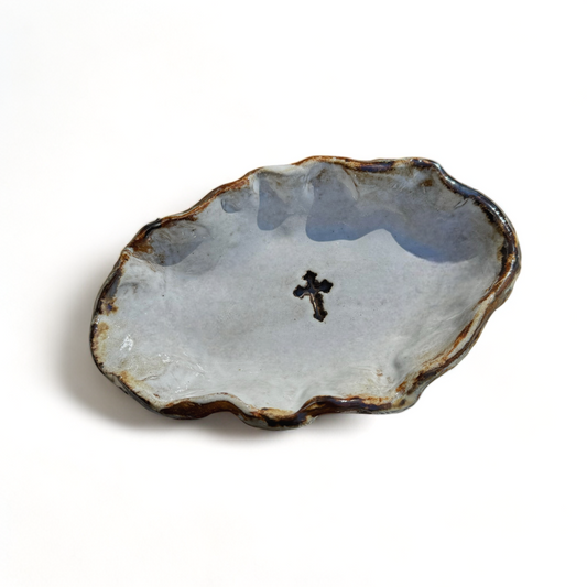 Jewelry Bowl w/Cross 7.5" X 4.5" Antique White with Antiquing 16.50