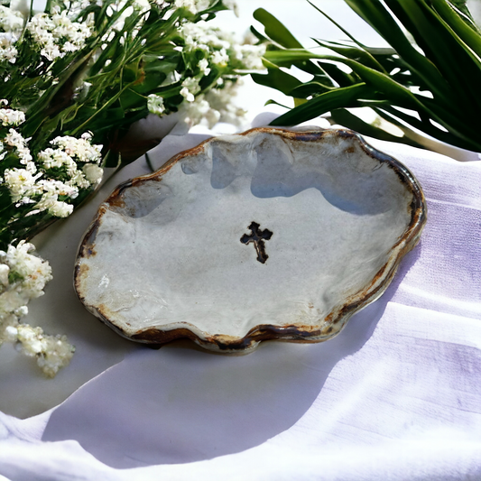 Jewelry Bowl w/Cross 7.5" X 4.5" Antique White with Antiquing 16.50