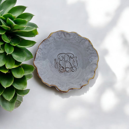 Monogrammed Ring Dish w/Scalloped 24K Gold Rim