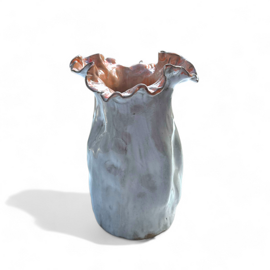 Sak Vase  7" X 6"  Antique White w/Coral Center