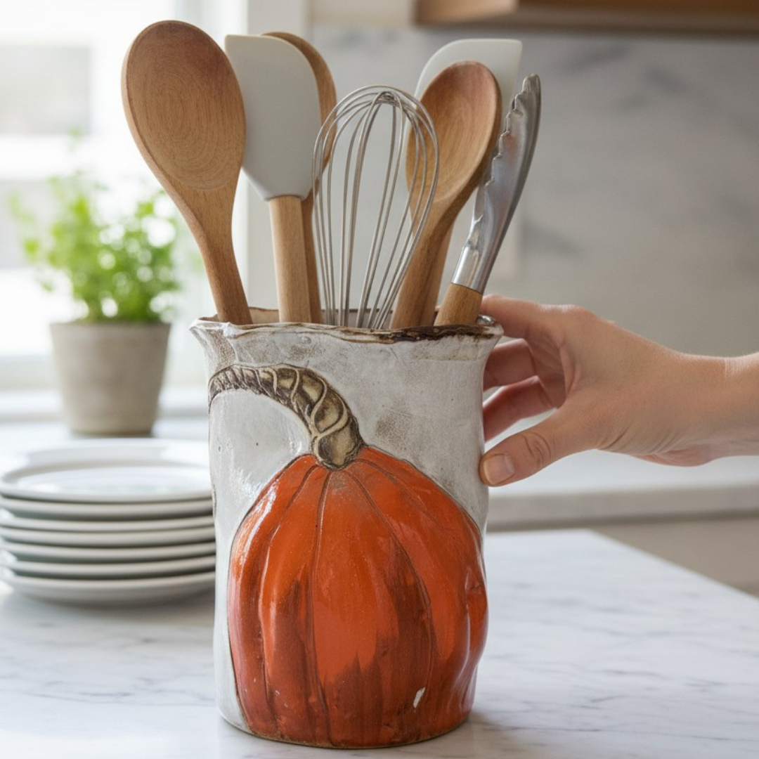 Vase/Utensil Holder 8" X 8" Orange Pumpkin
