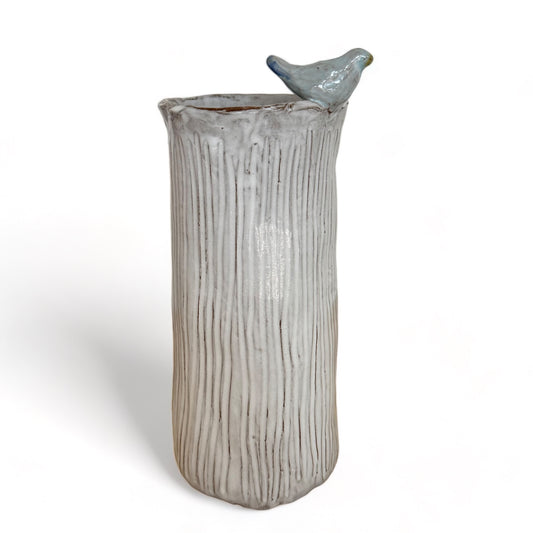 Vase 10" X 7" Antique White w/Bird