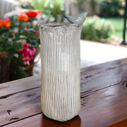 Vase 10" X 7" Antique White w/Bird