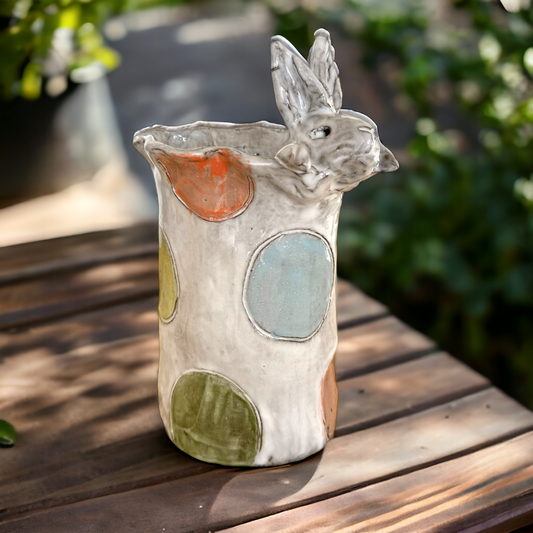 Vase 7" X 6" Bunny Head Top Colorful Dots