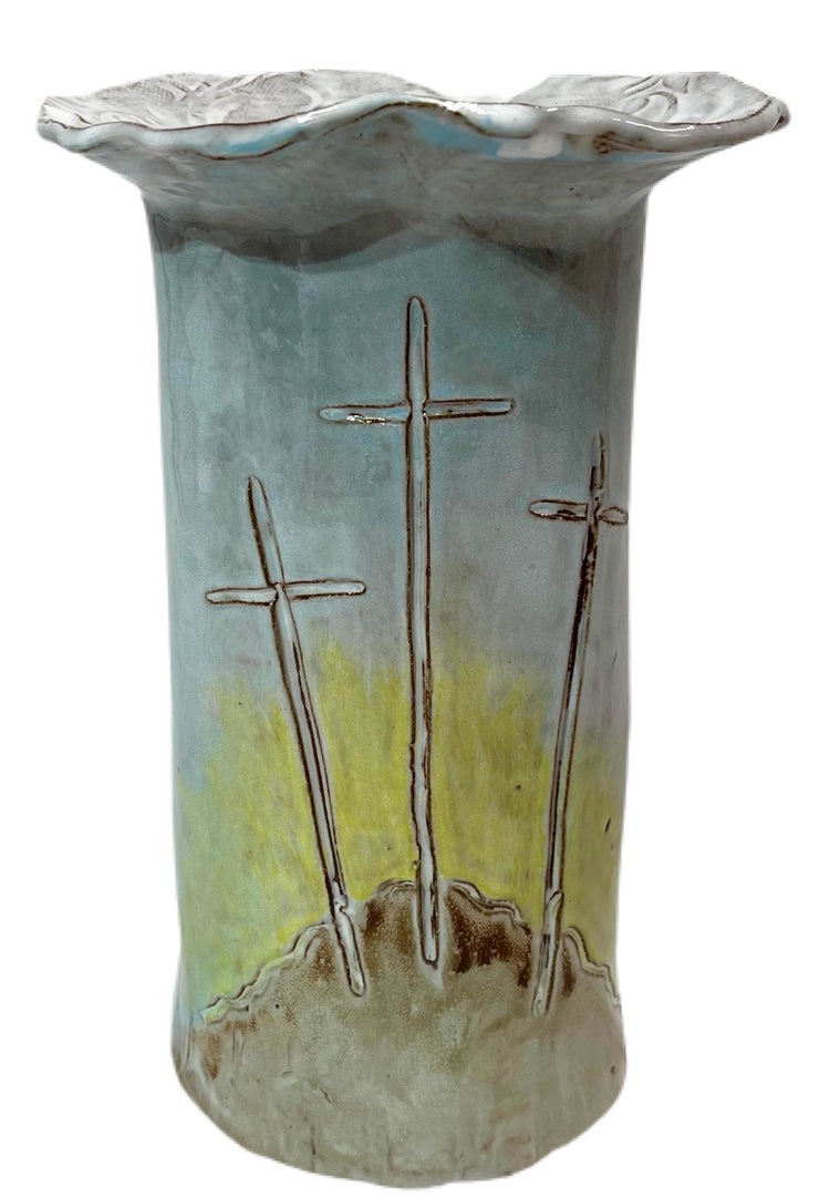 Vase 10" X 7" w/3 Crosses