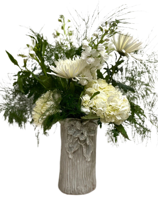 Vase 10" X 7" w/3 Flowers, 2 Leaves Blurred Lines