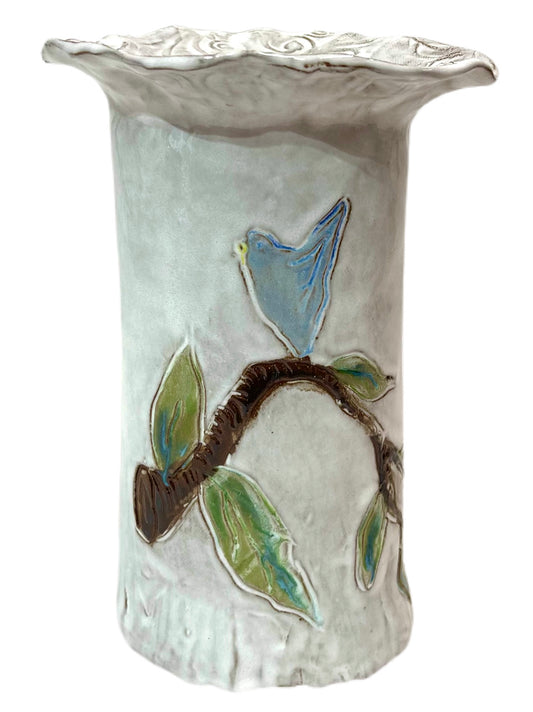 Vase 10" X 7" w/Blue Bird in Tree