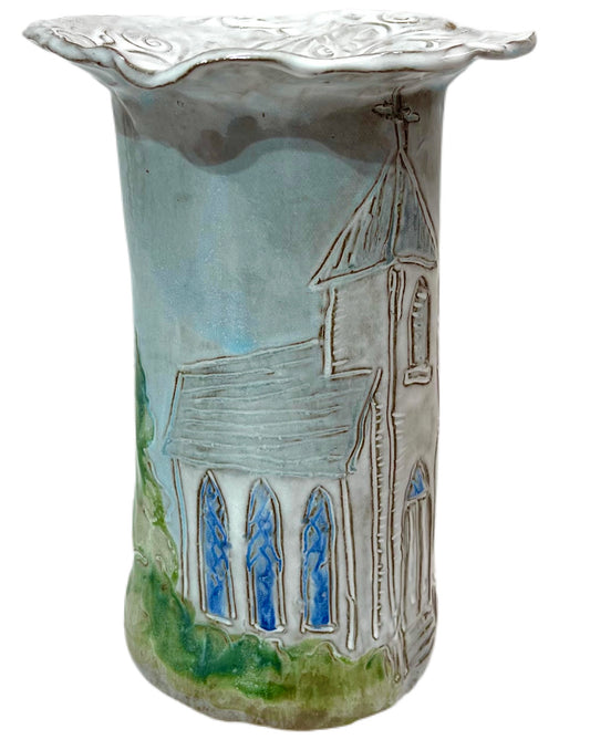 Vase 10" X 7" w/Church Design No. 2