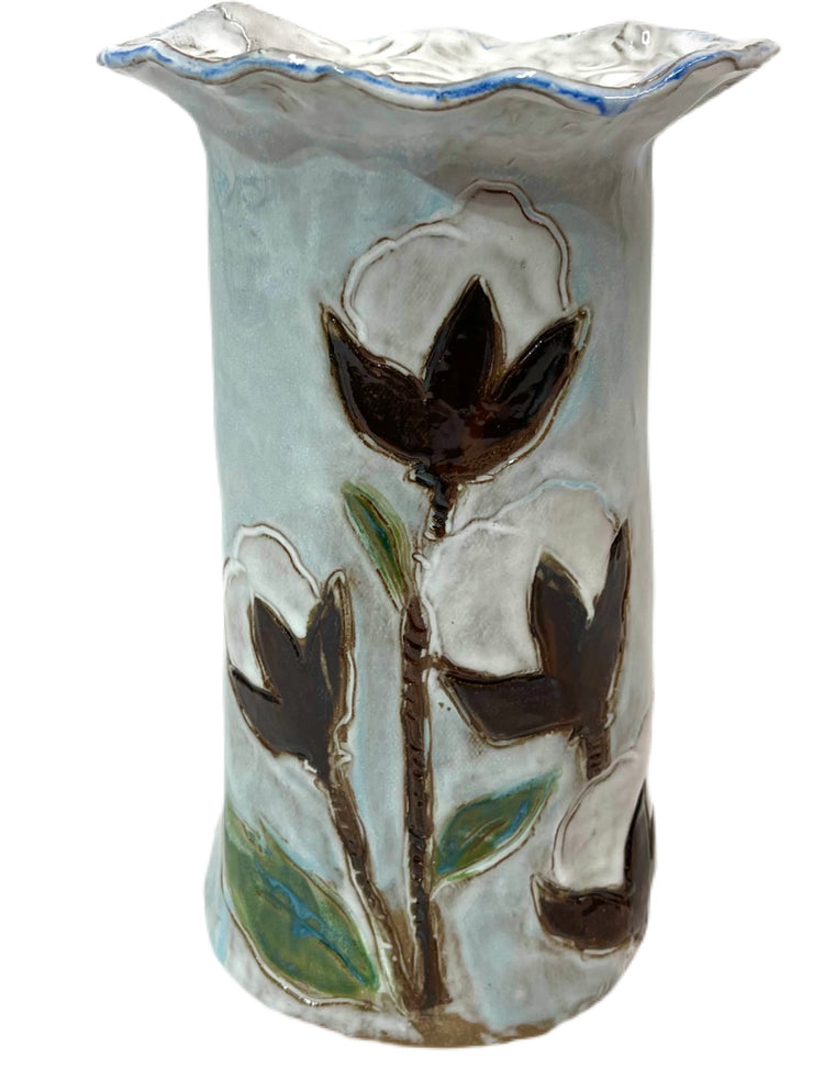 Vase 10" X 7" w/Cotton w/Blue Background