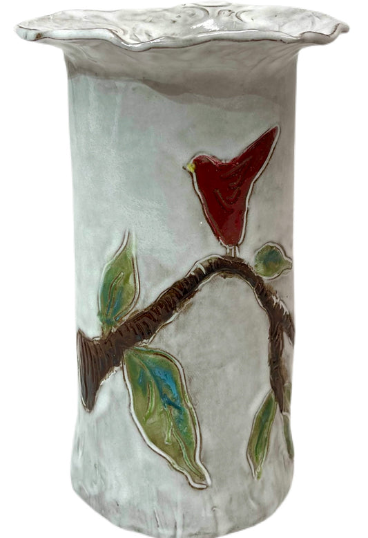 Vase 10" X 7" w/Red Bird in Tree