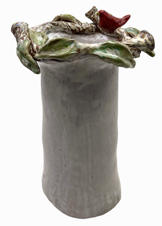 Vase 10" X 7" w/Red Bird on Branch