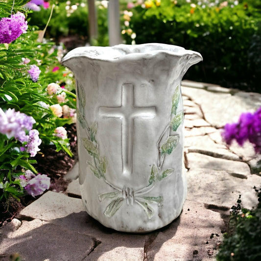 Vase 7" X 6" Cross w/Green Laurel Wreath
