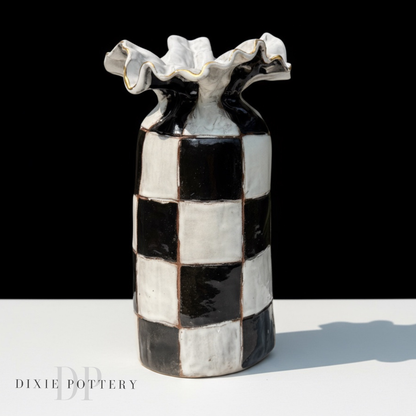 Vase 10" X 7" SAK Vase B/W Checkerboard w/24K Gold Luster Rim