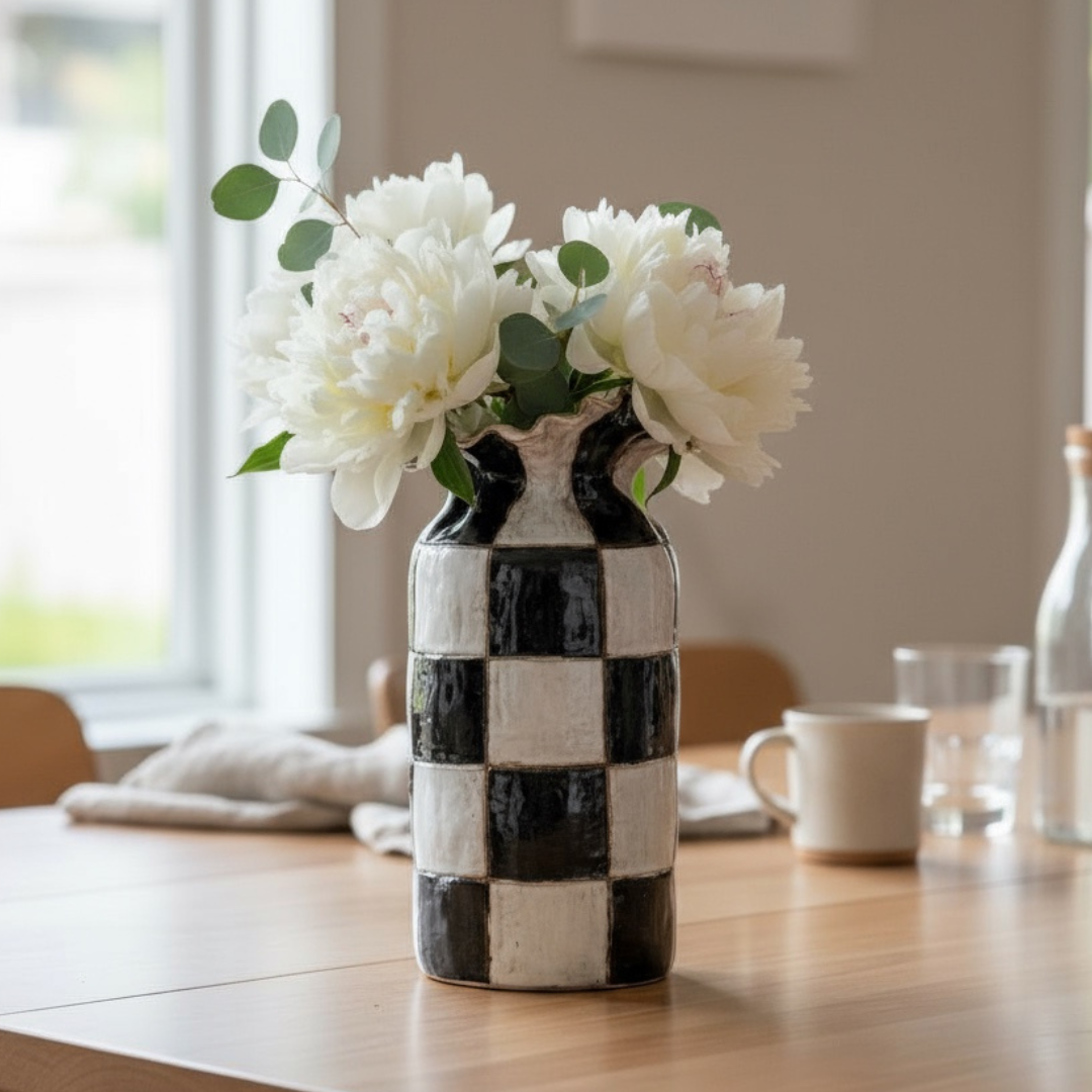 Vase 10" X 7" SAK Vase B/W Checkerboard w/24K Gold Luster Rim