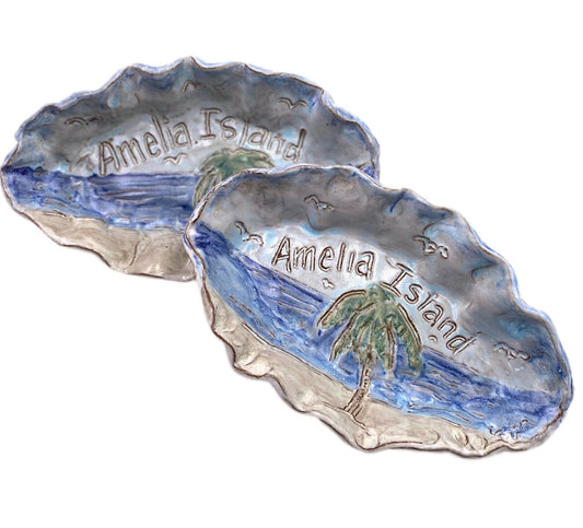 Tater Dish Lg. "Amelia Island" w/Beach Scene, Etched Bird