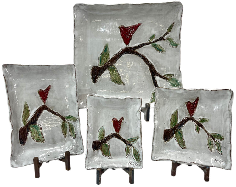 Red Bird on Branch Tray