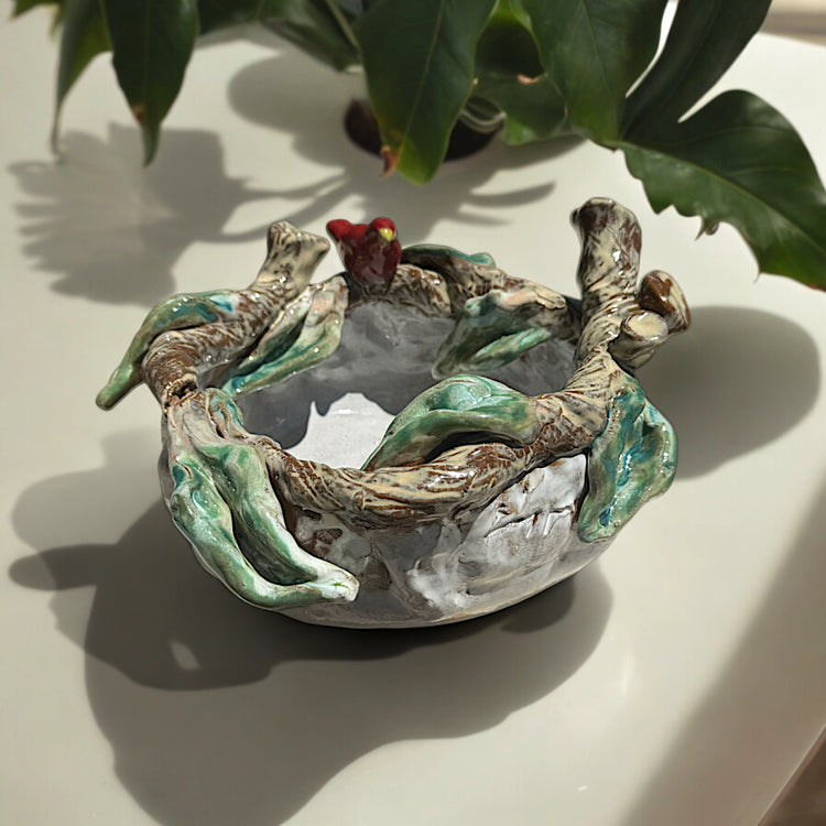 Betsy Rose Bowl w/Red Bird Small 7 ½"W X 5 ½"T