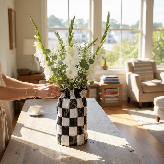 Tall Sak Vase Black/Ant. White Checkerboard 24K Gold Luster Rim  Approx. 14" Tall
