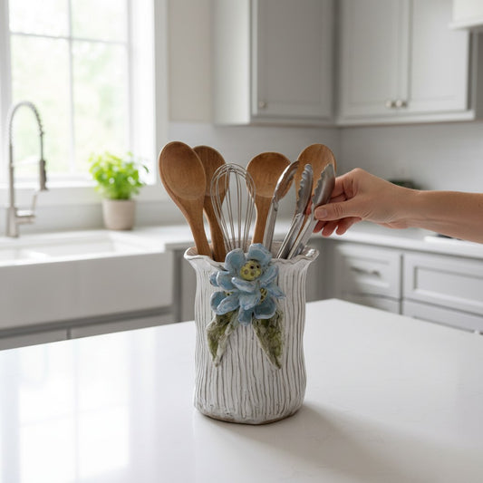 Utensil Holder Blurred Lines w/3 Flowers & 2 Leaves