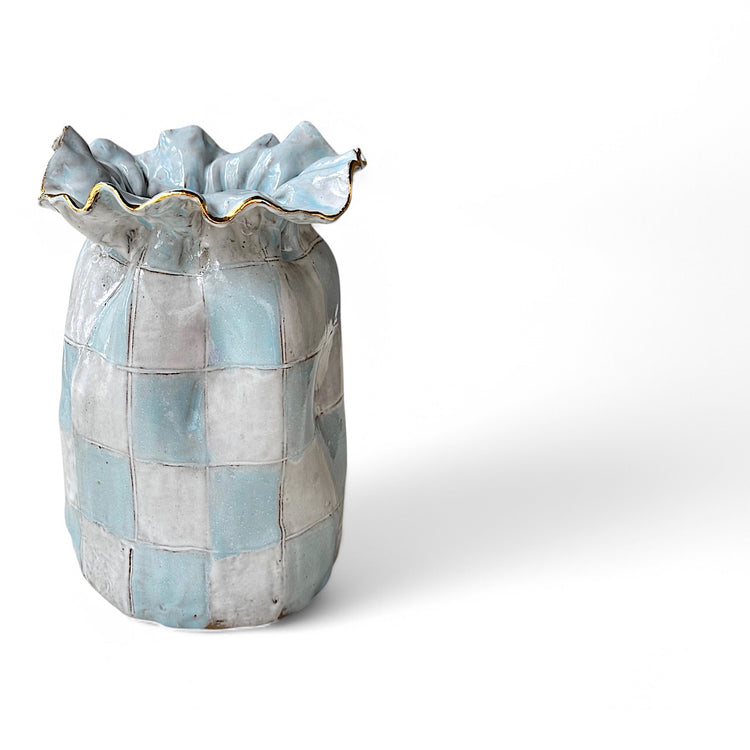 Jumbo SAK Vase Blue & White Checkerboard w/22K Gold Luster Rim