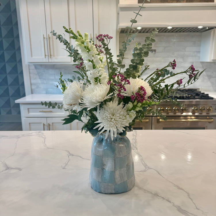 Jumbo SAK Vase Blue & White Checkerboard w/22K Gold Luster Rim