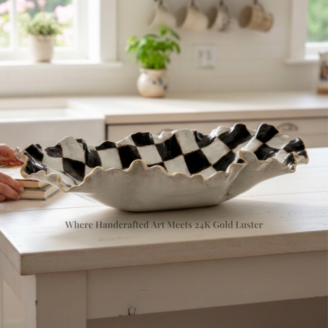 Sybil Vessel Jumbo B/W Checkerboard w/24K Gold Luster Rim.  Approx. 24" X 13½" X 5"