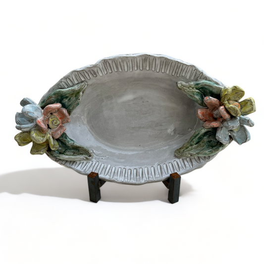 Casserole Dish  w/Colorful Flowers/Leaves, Antique White 15.5" X 10"