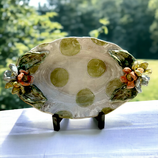Casserole Dish w/Colorful Flowers AW w/Green Dots