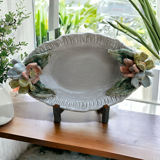 Casserole Dish  w/Colorful Flowers/Leaves, Antique White 15.5" X 10"