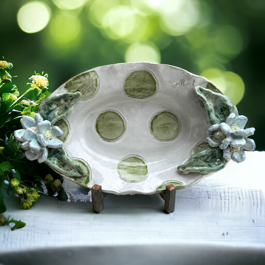 Casserole Dish w/Blue Flowers Green Dots