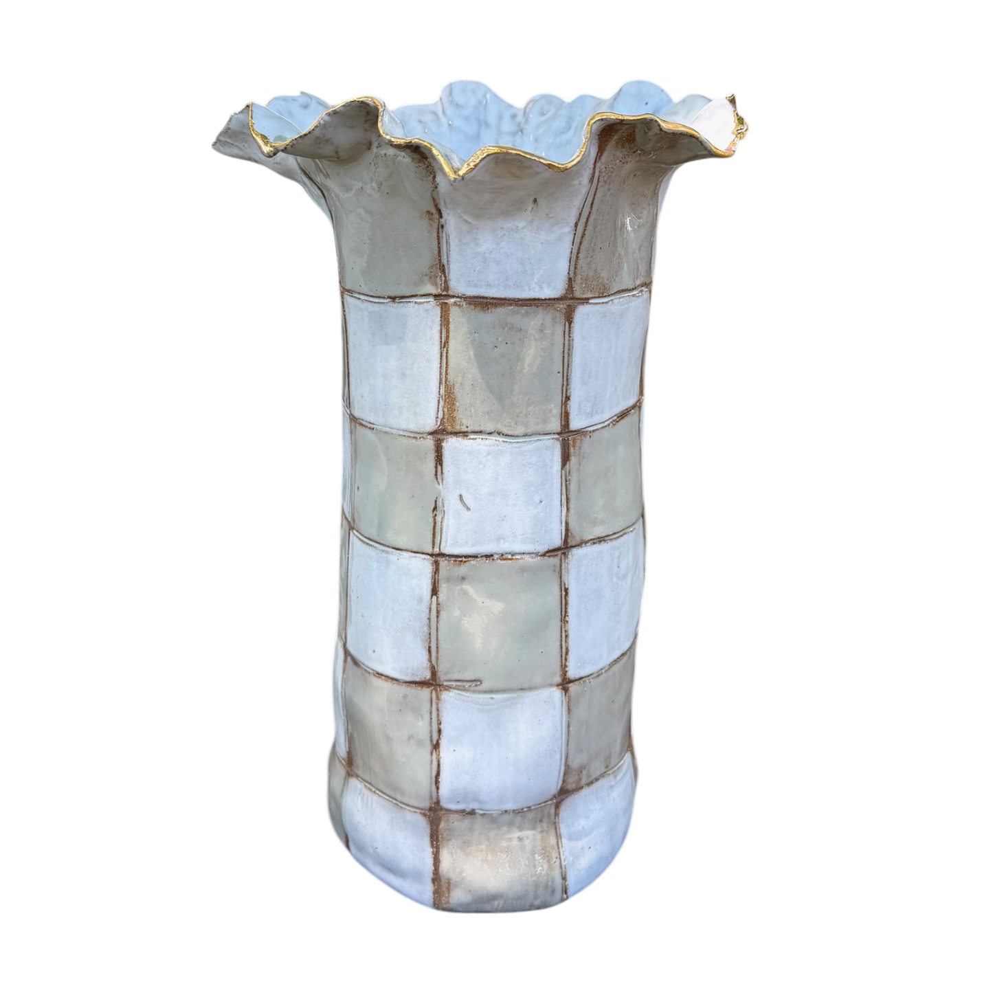 Charleston Vase Taupe/Antique White Checkerboard Gold Luster Rim Approx. 11" Tall