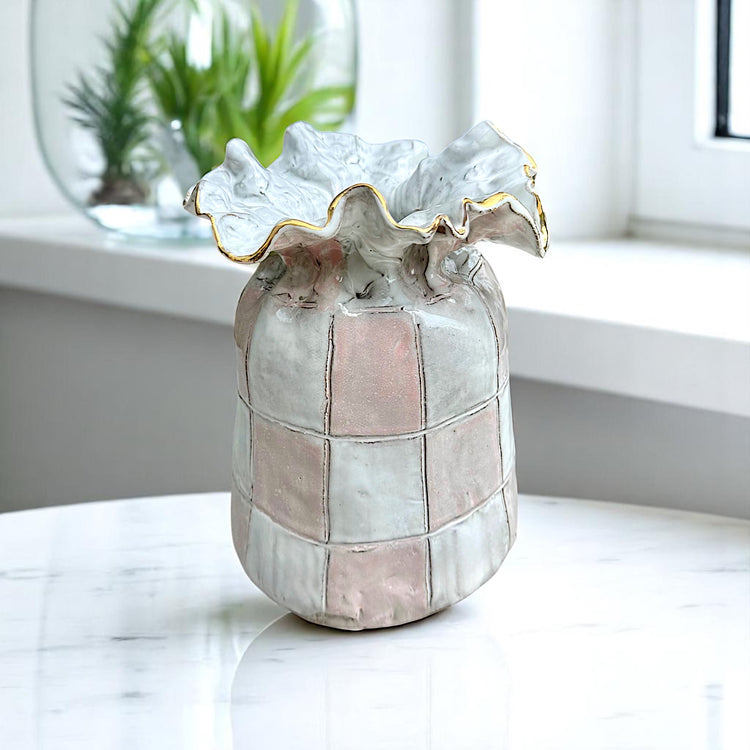 SAK Vase No. 3 Checkerboard w/24K Gold Luster Rim