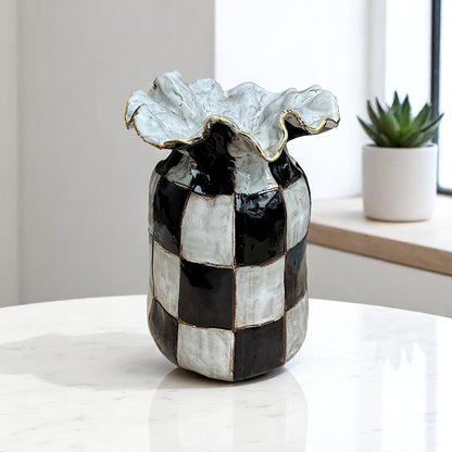 SAK Vase No. 3 Checkerboard w/24K Gold Luster Rim