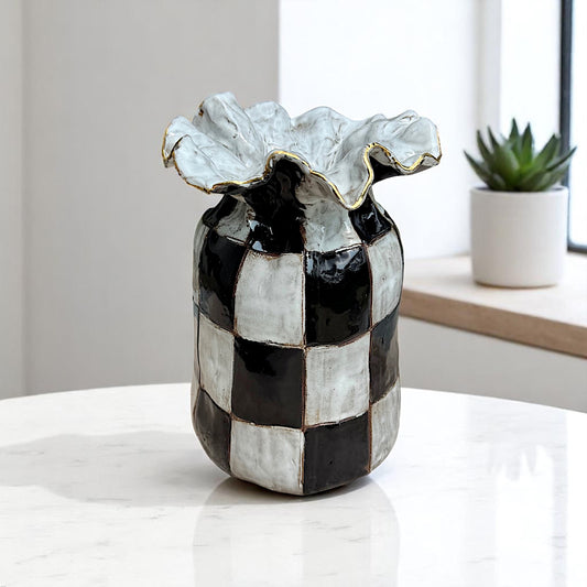 SAK Vase No. 3 Checkerboard w/24K Gold Luster Rim