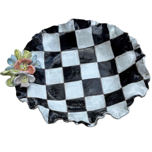 XLg 14" Bowl w/Flowers Black/White Checkerboard w/Colorful Flowers