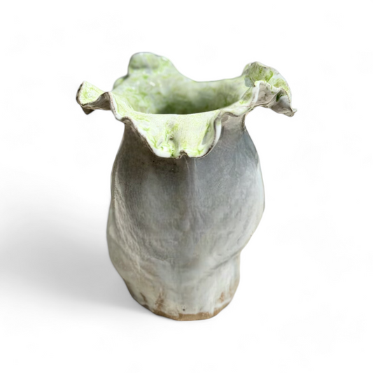 Sak Vase  7" X 6"  Antique White w/Green Center