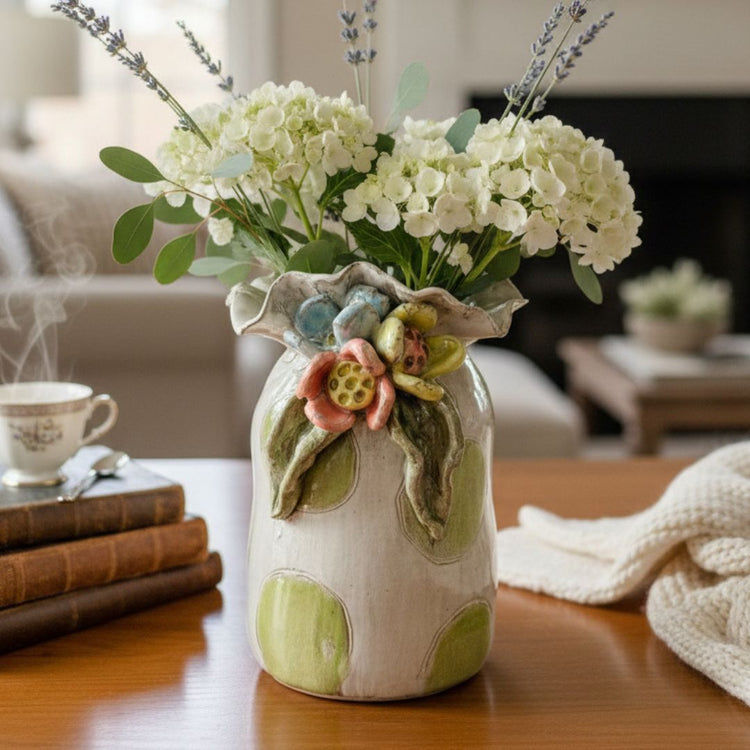 Vase 8" X 8" w/Collar, Colorful Flowers & Green Polka Dots