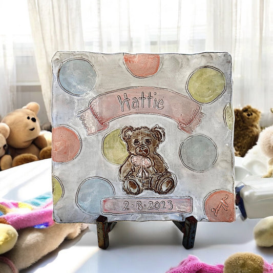 Newborn Baby Girl Teddy Bear Tray w/Name and Birthdate 10" X 10"