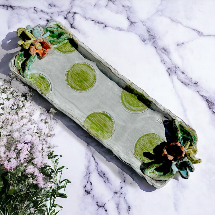 Hostess Tray w/Tri Color Flowers, Leaves & Green Dots 16.5" X 5"
