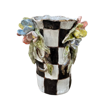 Magnolia & Vine Vase #5 w/Colorful Flowers B/W Checkerboard and 24K Gold Luster Rim