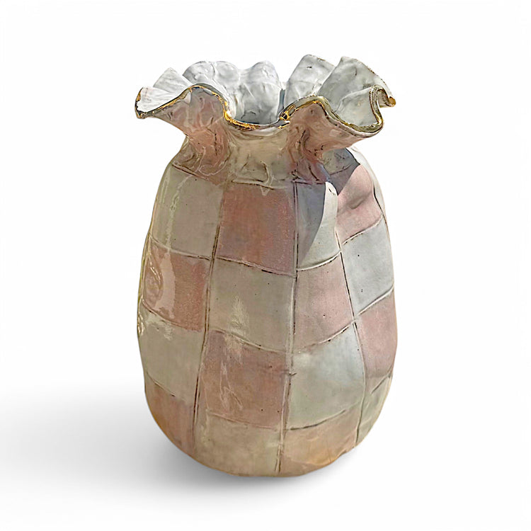 Jumbo SAK Vase Pink & White Checkerboard w/22K Gold Luster Rim