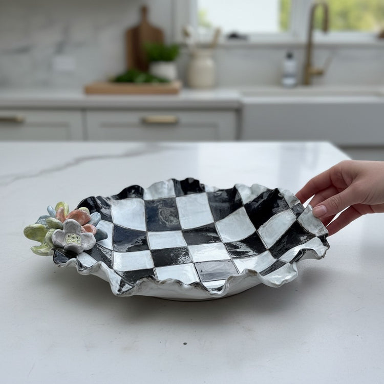 XLg 14" Bowl w/Flowers Black/White Checkerboard w/Colorful Flowers
