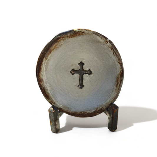 Ring Dish w/Cross 4" Antique White with Antiquing