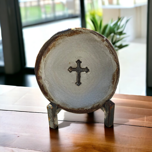 Ring Dish w/Cross 4" Antique White with Antiquing