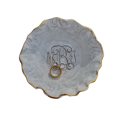 Monogrammed Ring Dish w/Scalloped 24K Gold Rim