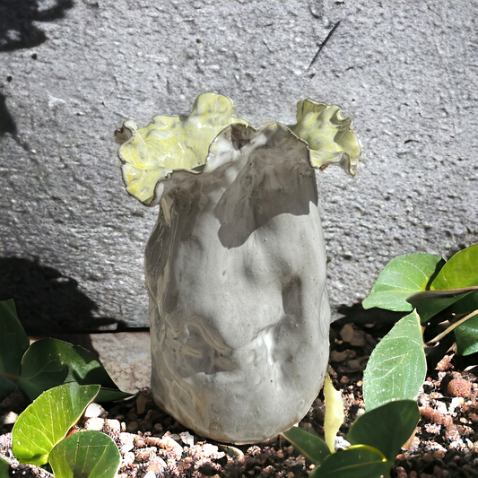 Sak Vase  7" X 6"  Antique White w/Yellow Center