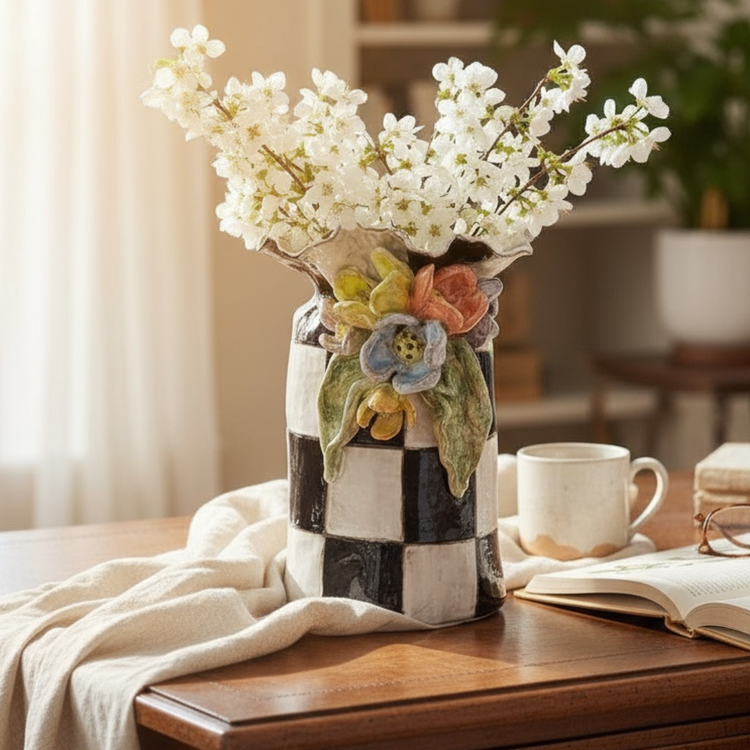 Jumbo Collar Vase w/Colorful Flowers & B/W Checkerboard