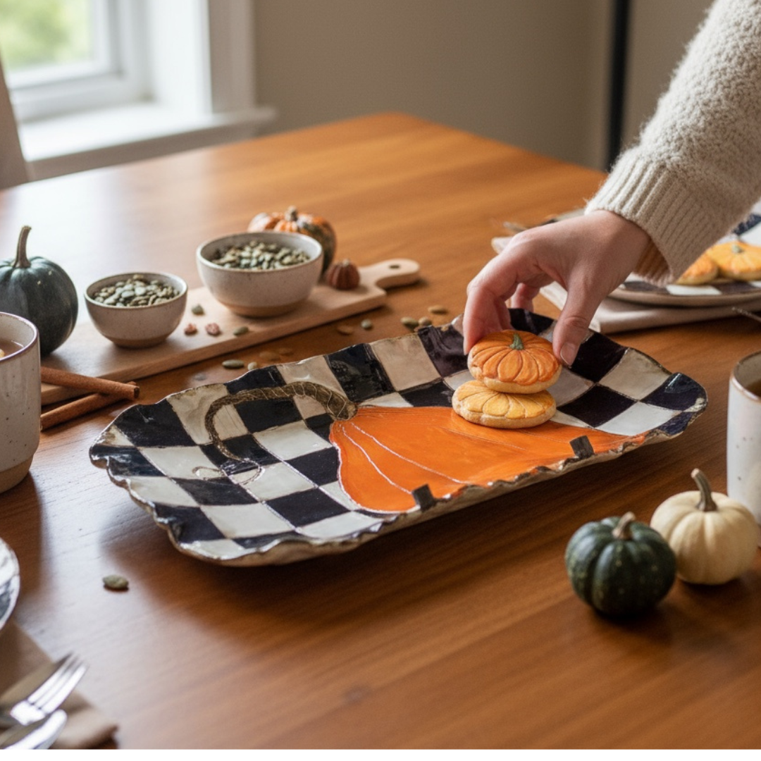 Barbara Jean Server Single Orange Pumpkin w/B&W Checkerboard 21" X 9"